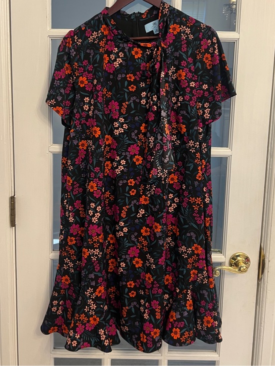 CeCe Dresses & Skirts - CECE Women’s Floral Tie Neck A-Line Midi Dress Black Pink Orange Plus 16W